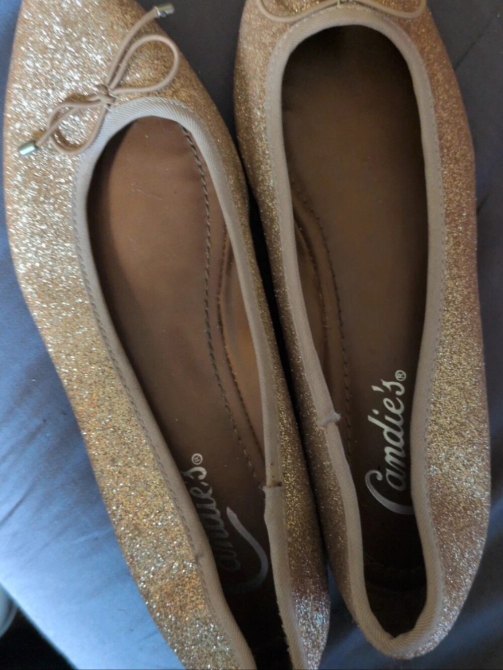 Candie's Sparkling Gold Ballet Flats with Bow Trim